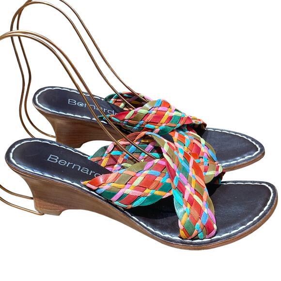 Bernardo slides heels size 9 braided leather woven boho multi-color 70's madras - Picture 2 of 6